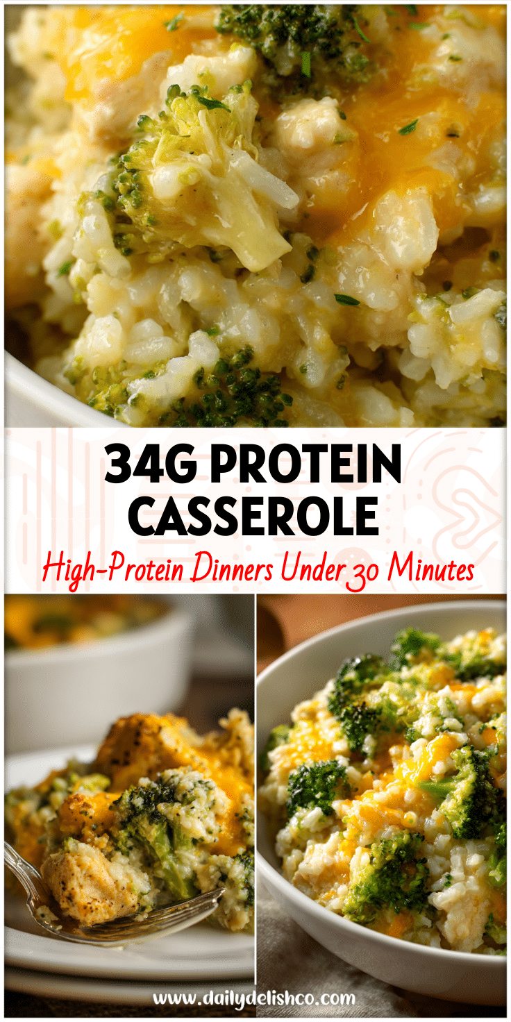 Creamy Cheesy Protein Broccoli Casserole with Healthy Broccoli Rice, a One Pot Chicken Broccoli dish perfect for Rice Dinners Healthy eaters.